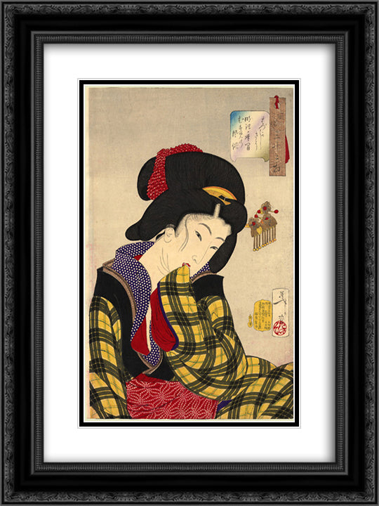 Looking shy - The appearance of a young girl of the Meiji era 18x24 Black Ornate Wood Framed Art Print Poster with Double Matting by Yoshitoshi, Tsukioka
