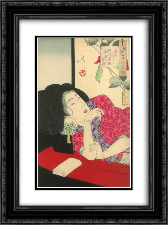 Looking sleepy - The appearance of a courtesan of the Meiji era 18x24 Black Ornate Wood Framed Art Print Poster with Double Matting by Yoshitoshi, Tsukioka