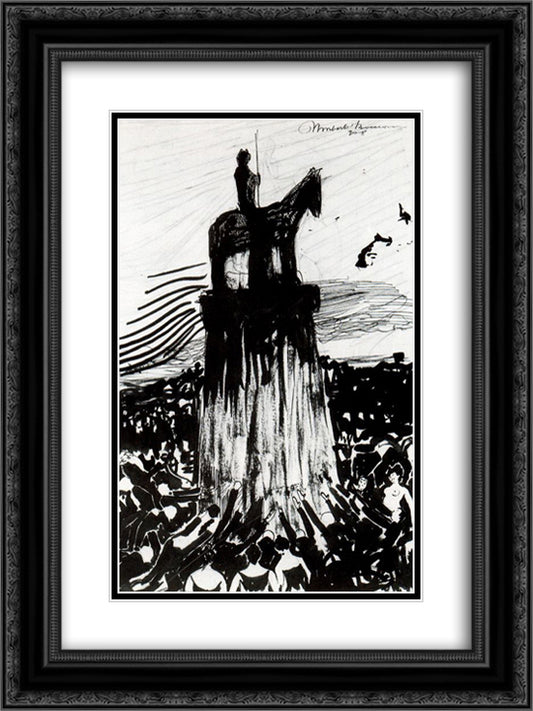 Agitate Crowd Surrounding a High Equestrian Monument 18x24 Black Ornate Wood Framed Art Print Poster with Double Matting by Boccioni, Umberto