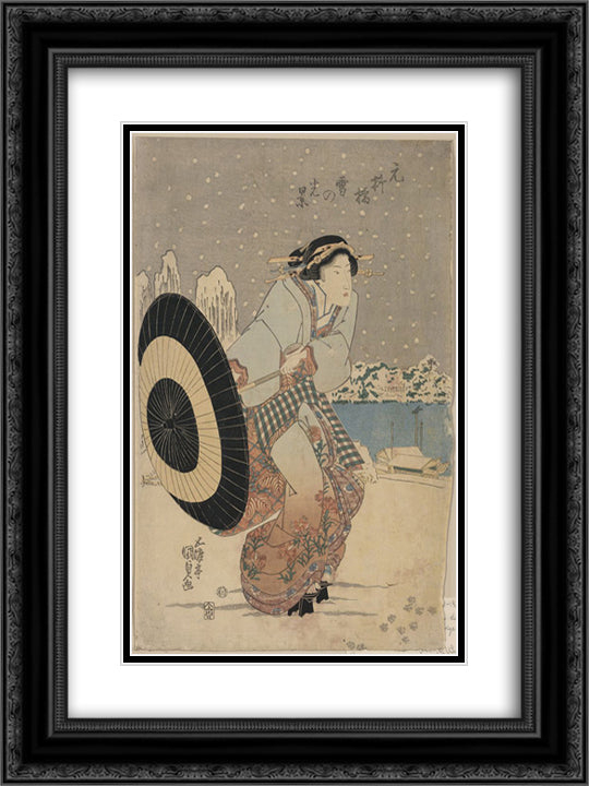 Night snow scene at Motonoyanagi Bridge 18x24 Black Ornate Wood Framed Art Print Poster with Double Matting by Kunisada II, Utagawa