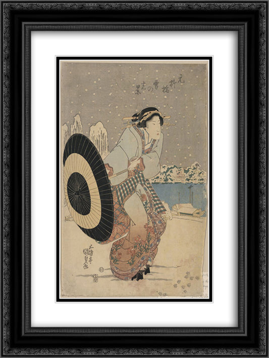 Night snow scene at Motonoyanagi Bridge 18x24 Black Ornate Wood Framed Art Print Poster with Double Matting by Kunisada II, Utagawa
