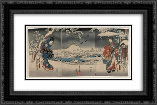 Snowy landscape with a woman brandishing a broom and a man holding an umbrella 24x16 Black Ornate Wood Framed Art Print Poster with Double Matting by Kunisada II, Utagawa