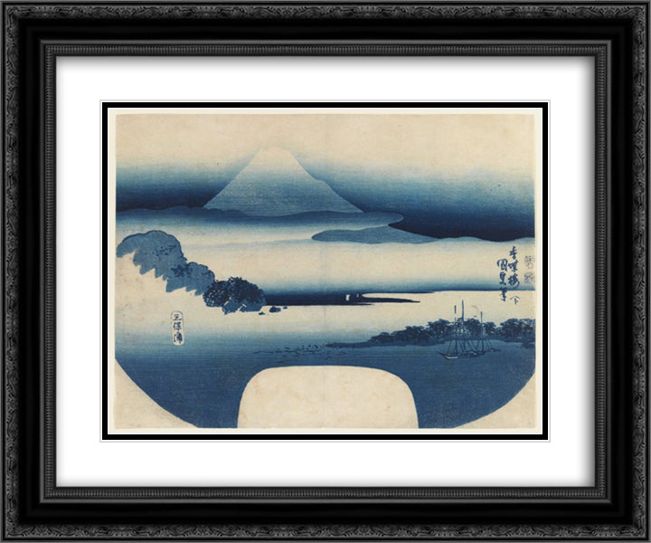 View of Fuji from Miho Bay, May 24x20 Black Ornate Wood Framed Art Print Poster with Double Matting by Kunisada II, Utagawa