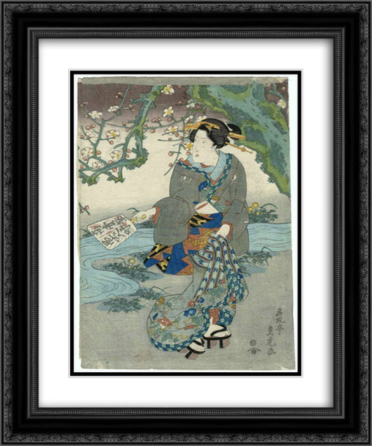 Woman under Flowering Tree 20x24 Black Ornate Wood Framed Art Print Poster with Double Matting by Utagawa Sadatora