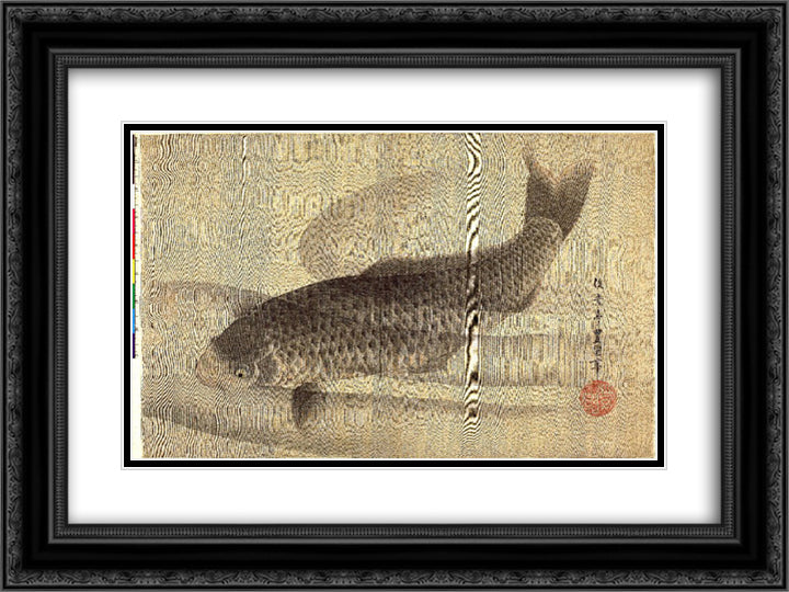 Grey carp in water 24x18 Black Ornate Wood Framed Art Print Poster with Double Matting by Toyokuni, Utagawa