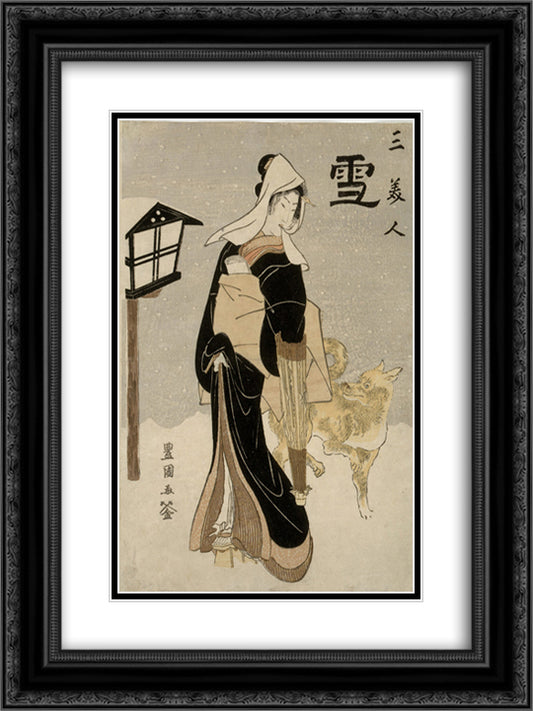 Three Beauties Snow 18x24 Black Ornate Wood Framed Art Print Poster with Double Matting by Toyokuni II, Utagawa