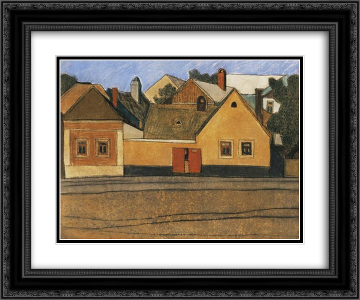 Houses in Szentendre with Blue Sky 24x20 Black Ornate Wood Framed Art Print Poster with Double Matting by Lajos, Vajda