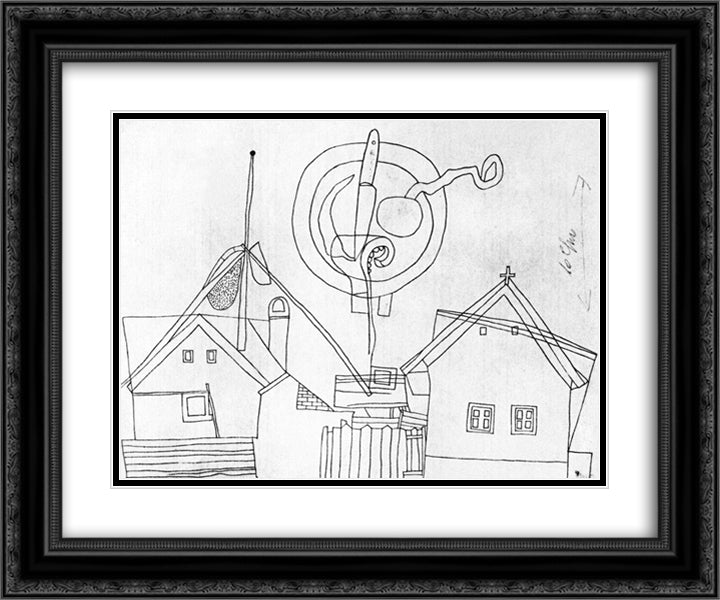 Plate Still-life above Houses 24x20 Black Ornate Wood Framed Art Print Poster with Double Matting by Lajos, Vajda