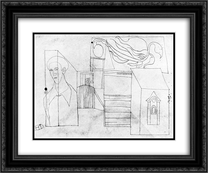 Village Motifs with Self-portrait 24x20 Black Ornate Wood Framed Art Print Poster with Double Matting by Lajos, Vajda