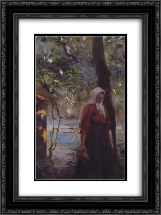 A woman with a jug 18x24 Black Ornate Wood Framed Art Print Poster with Double Matting by Serov, Valentin