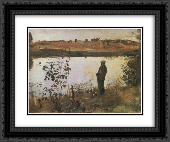Artist K. Korovin on the river bank 24x20 Black Ornate Wood Framed Art Print Poster with Double Matting by Serov, Valentin