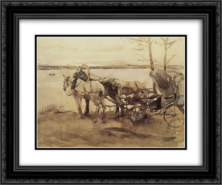 At the ferry 24x20 Black Ornate Wood Framed Art Print Poster with Double Matting by Serov, Valentin