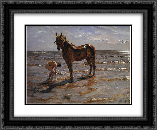 Bathing a Horse 24x20 Black Ornate Wood Framed Art Print Poster with Double Matting by Serov, Valentin