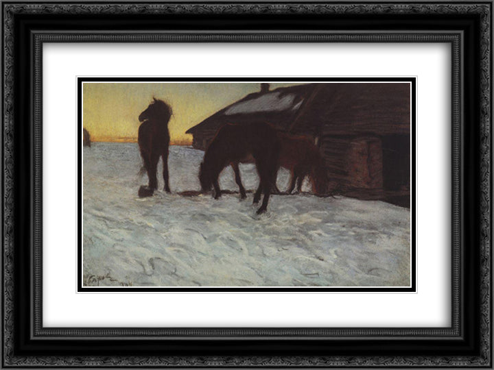Colts at Watering Place. Domotcanovo 24x18 Black Ornate Wood Framed Art Print Poster with Double Matting by Serov, Valentin