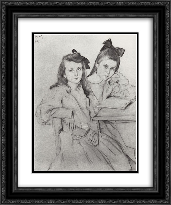 Girls N.A. Kasyanova and T. A. Kasyanova 20x24 Black Ornate Wood Framed Art Print Poster with Double Matting by Serov, Valentin