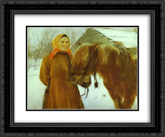 In a Village. Peasant Woman with a Horse 24x20 Black Ornate Wood Framed Art Print Poster with Double Matting by Serov, Valentin