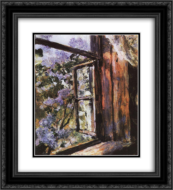 Open Window. Lilacs 20x22 Black Ornate Wood Framed Art Print Poster with Double Matting by Serov, Valentin