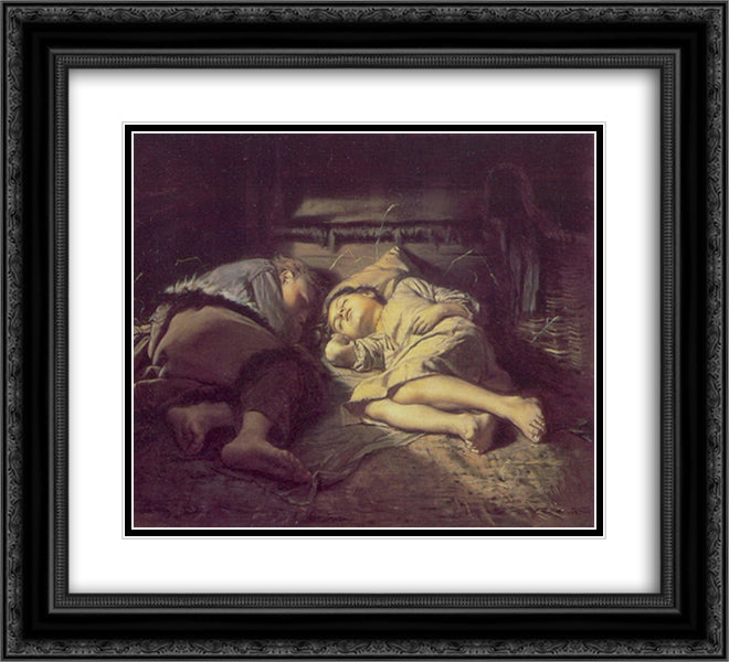 Children Sleeping 22x20 Black Ornate Wood Framed Art Print Poster with Double Matting by Perov, Vasily