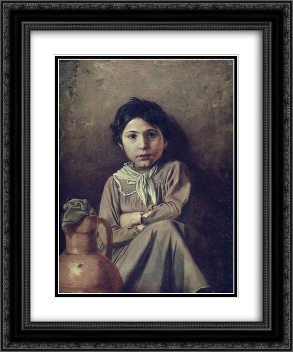 Girl with a Pitcher 20x24 Black Ornate Wood Framed Art Print Poster with Double Matting by Perov, Vasily