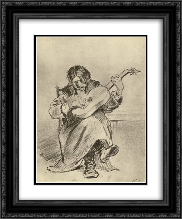 Guitarist-bach 20x24 Black Ornate Wood Framed Art Print Poster with Double Matting by Perov, Vasily