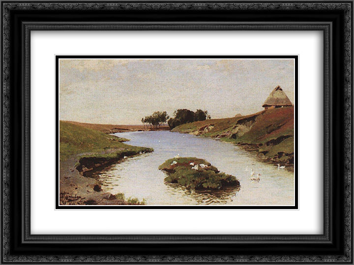 Landscape with a river 24x18 Black Ornate Wood Framed Art Print Poster with Double Matting by Polenov, Vasily