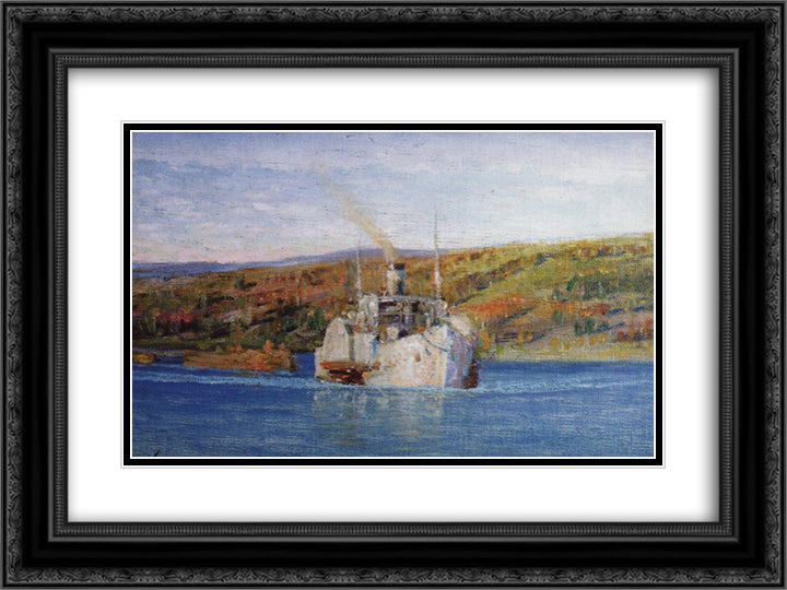 Oka river. Vladimir steamer converted into a tow. 24x18 Black Ornate Wood Framed Art Print Poster with Double Matting by Polenov, Vasily