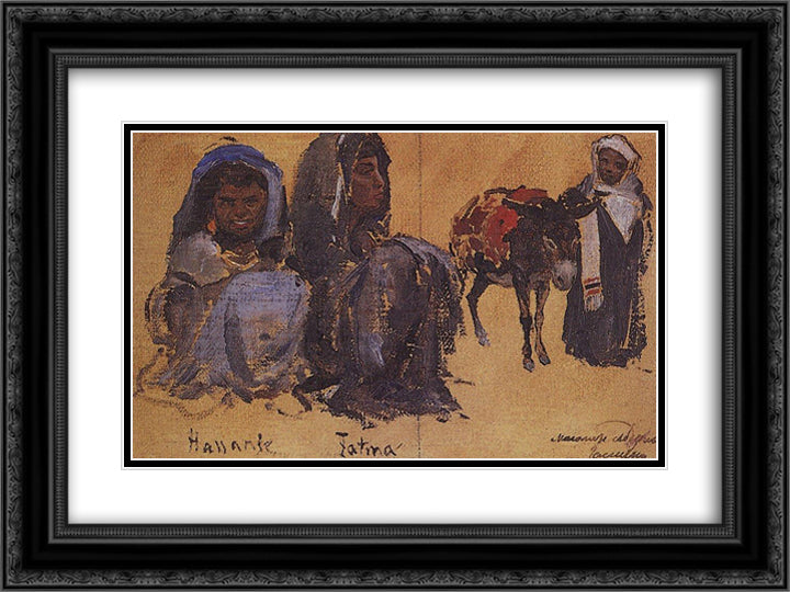 Two female figures. A male figure with a donkey. 24x18 Black Ornate Wood Framed Art Print Poster with Double Matting by Polenov, Vasily