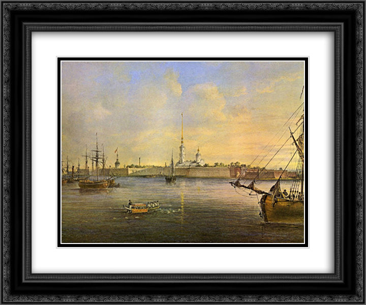 View of the Neva and the Peter and Paul fortress 24x20 Black Ornate Wood Framed Art Print Poster with Double Matting by Sadovnikov, Vasily