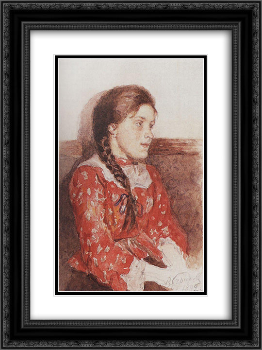 Girl with a red jacket 18x24 Black Ornate Wood Framed Art Print Poster with Double Matting by Surikov, Vasily