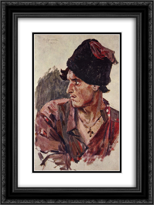 Head of a young cossack 18x24 Black Ornate Wood Framed Art Print Poster with Double Matting by Surikov, Vasily