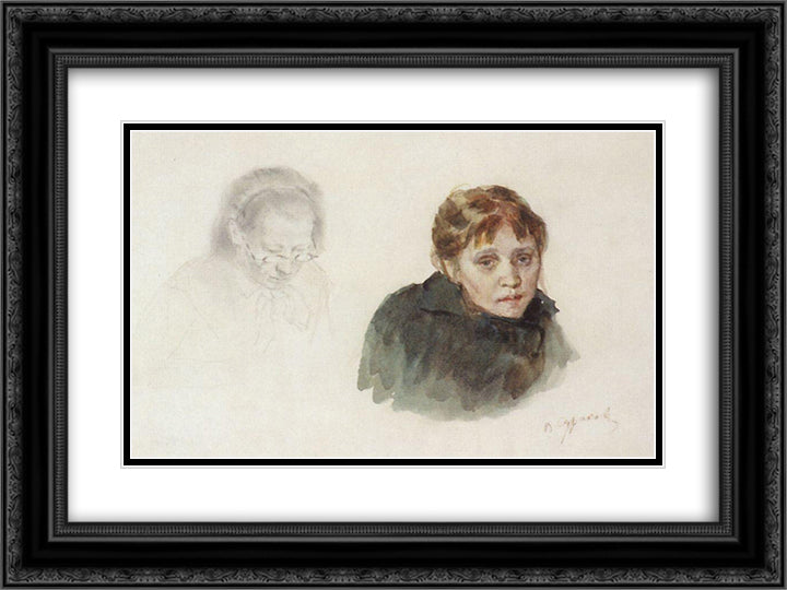Head of girl 24x18 Black Ornate Wood Framed Art Print Poster with Double Matting by Surikov, Vasily