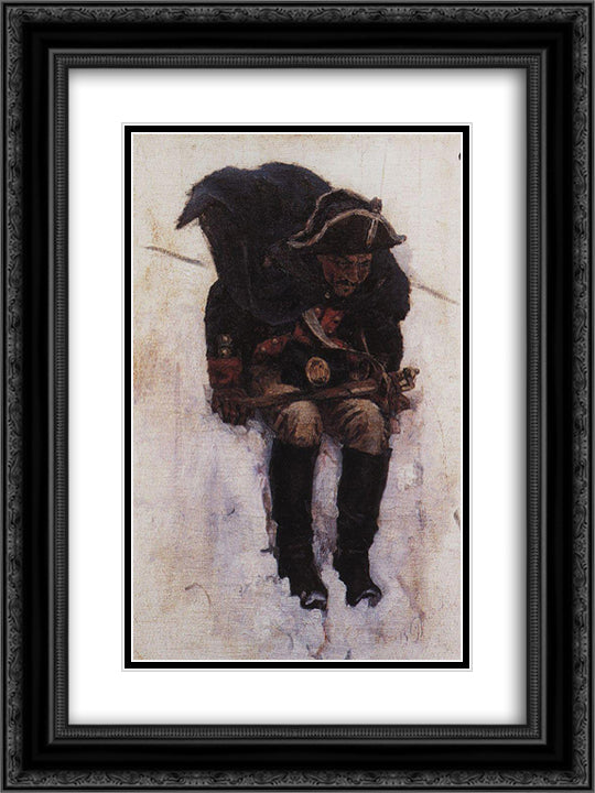 Soldier descending from the snowy mountain 18x24 Black Ornate Wood Framed Art Print Poster with Double Matting by Surikov, Vasily