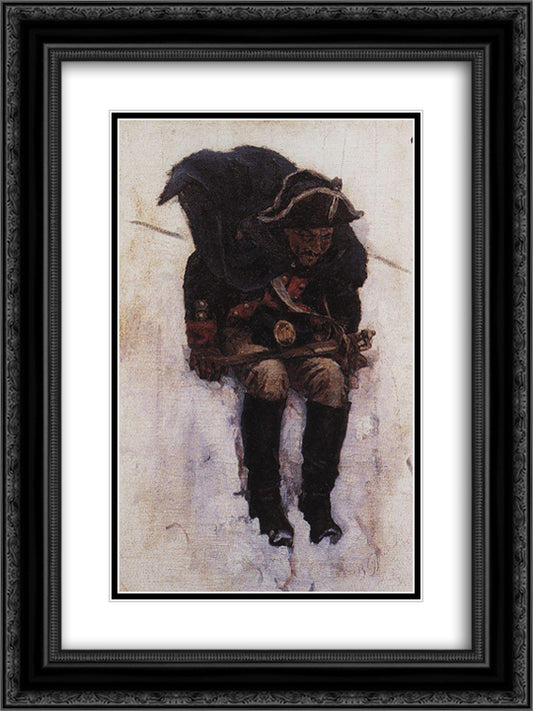 Soldier descending from the snowy mountain 18x24 Black Ornate Wood Framed Art Print Poster with Double Matting by Surikov, Vasily