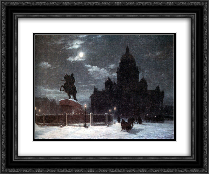 View of monument to Peter I on the Senate Square in St. Petersburg 24x20 Black Ornate Wood Framed Art Print Poster with Double Matting by Surikov, Vasily
