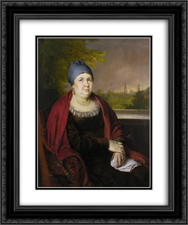 Portrait of a widow in a blue povoynik 20x24 Black Ornate Wood Framed Art Print Poster with Double Matting by Tropinin, Vasily