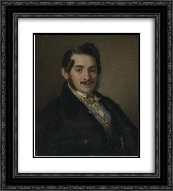 Portrait of an unknown in a black coat 20x22 Black Ornate Wood Framed Art Print Poster with Double Matting by Tropinin, Vasily