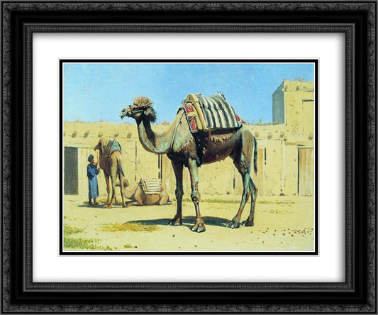 Camel in the courtyard of caravanserai 24x20 Black Ornate Wood Framed Art Print Poster with Double Matting by Vereshchagin, Vasily