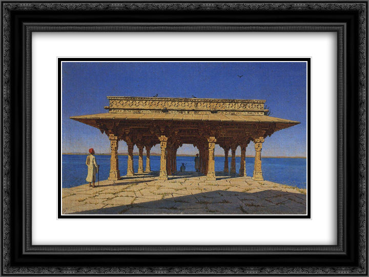 Evening on the lake. One of the pavilions on the marble promenade in Radzhnagar (Principality of Udaipur) 24x18 Black Ornate Wood Framed Art Print Poster with Double Matting by Vereshchagin, Vasily