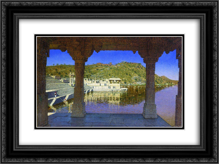 Radzhnagar. Marble, adorned with bas-reliefs quay on the lake in Udaipur 24x18 Black Ornate Wood Framed Art Print Poster with Double Matting by Vereshchagin, Vasily