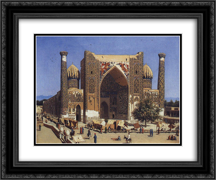 Shir Dor madrasah in Registan Square in Samarkand 24x20 Black Ornate Wood Framed Art Print Poster with Double Matting by Vereshchagin, Vasily