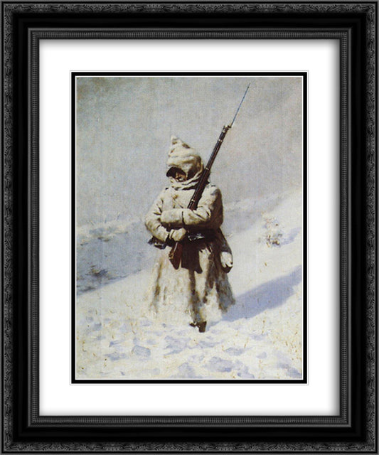 Soldiers in the snow 20x24 Black Ornate Wood Framed Art Print Poster with Double Matting by Vereshchagin, Vasily
