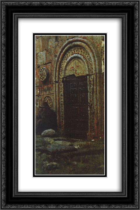 The entrance door to the church under the Kazbek 16x24 Black Ornate Wood Framed Art Print Poster with Double Matting by Vereshchagin, Vasily