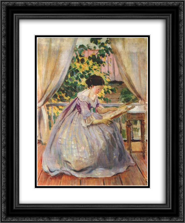 Lady Embroidering 20x24 Black Ornate Wood Framed Art Print Poster with Double Matting by Borisov Musatov, Victor