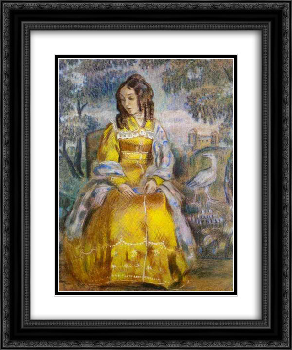 Lady Seated, with a Tapestry in the Background 20x24 Black Ornate Wood Framed Art Print Poster with Double Matting by Borisov Musatov, Victor