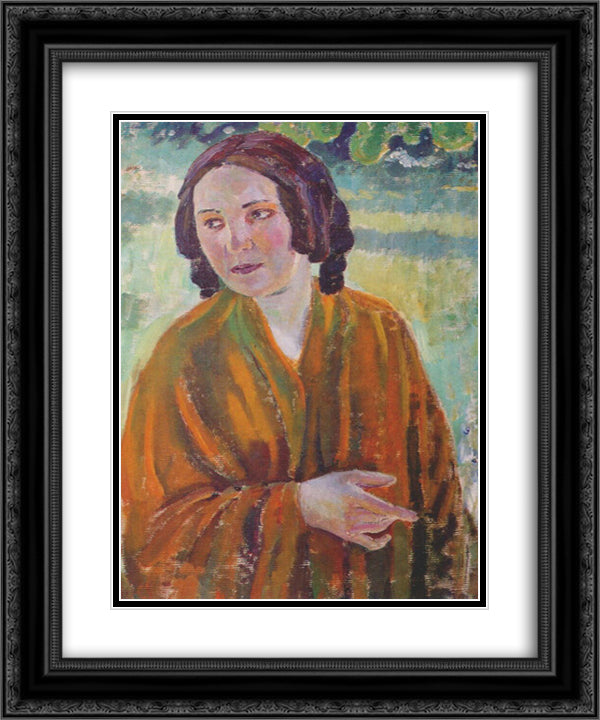 Woman in a Yellow Shawl 20x24 Black Ornate Wood Framed Art Print Poster with Double Matting by Borisov Musatov, Victor