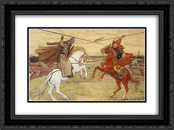 Duel Peresvet with Chelubey 24x18 Black Ornate Wood Framed Art Print Poster with Double Matting by Vasnetsov, Viktor