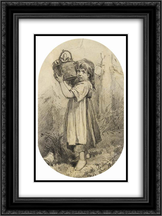 Girl with a bast basket 18x24 Black Ornate Wood Framed Art Print Poster with Double Matting by Vasnetsov, Viktor