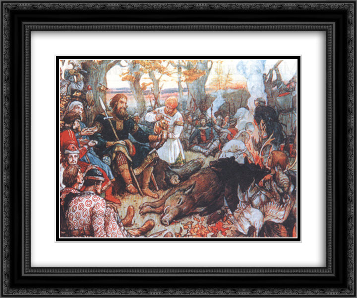 Monomakh`s hunting 24x20 Black Ornate Wood Framed Art Print Poster with Double Matting by Vasnetsov, Viktor