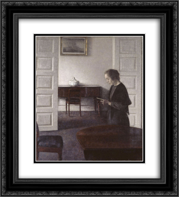 Interior with a Reading Lady 20x22 Black Ornate Wood Framed Art Print Poster with Double Matting by Hammershoi, Vilhelm