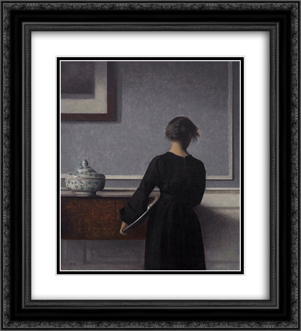Interior with Young Woman from Behind 20x22 Black Ornate Wood Framed Art Print Poster with Double Matting by Hammershoi, Vilhelm